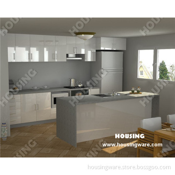High Gloss Lacquer Kitchen in Grey Color with Quartz Stone Countertop